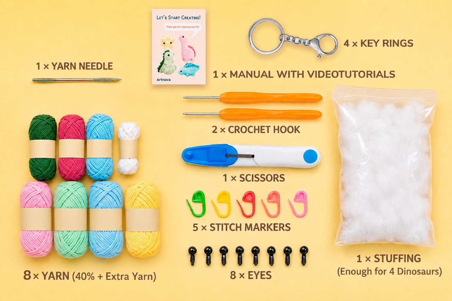 Componentes del Kit Crochet Dinos - hilo, aguja y patrón